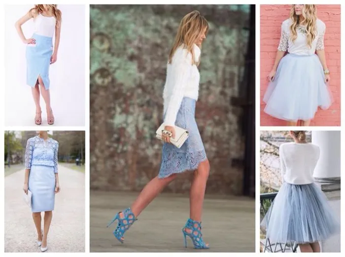 Светло-голубые юбки разных фасонов
