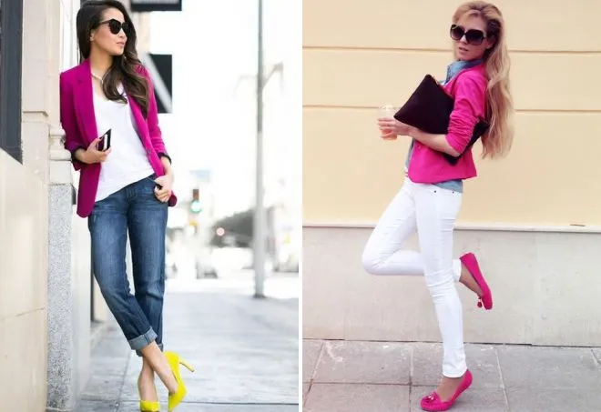 Розовый пиджак с джинсами