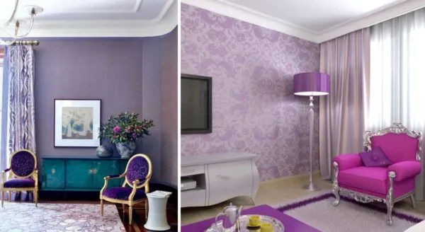 Фиолетовый или светлые пастельные тона можно использовать в качестве основного цвета в гостиной (стены, ткани и т.д.).