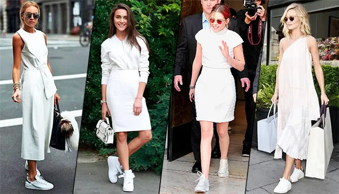 Белые кроссовки хорошо сочетаются с летними платьями и юбками.