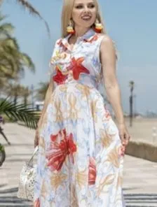 Летнее платье из хлопка с принтом и бисером цвета морской волны