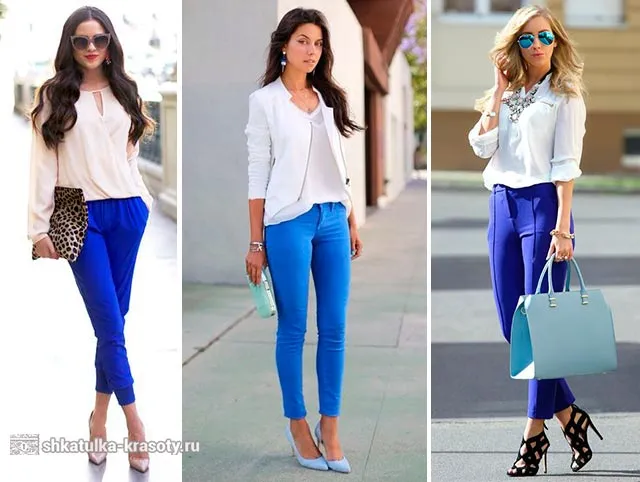 С чем носить синие брюки для женщин