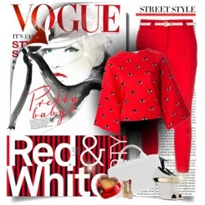 Белая сумка, белый пояс спереди красных брюк, красный пиджак