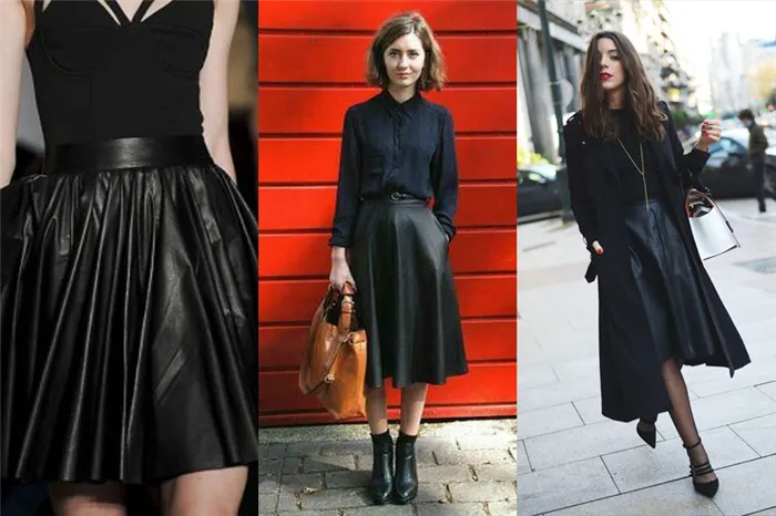 Черные широкие кожаные юбки в монохромных образах
