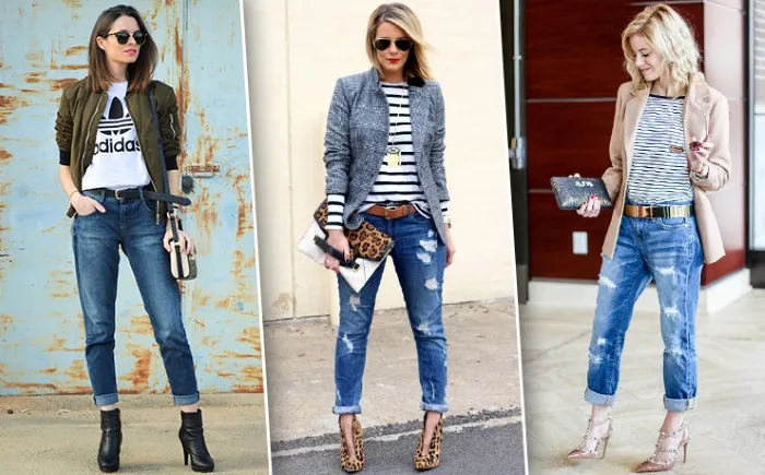 Ношеные женские синие джинсы. Высокие, с высокой талией, рваные. Современные образы и идеи