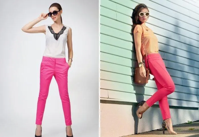 Розовые брюки и простые блузки светлых тонов