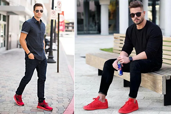 Красные мужские кроссовки с повседневной одеждой
