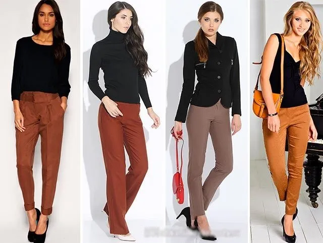 Что носить с коричневыми брюками женщинам и мужчинам. Фото: вельвет, кожа, клетчатый, узорчатый, стрелки, широкий, классический.