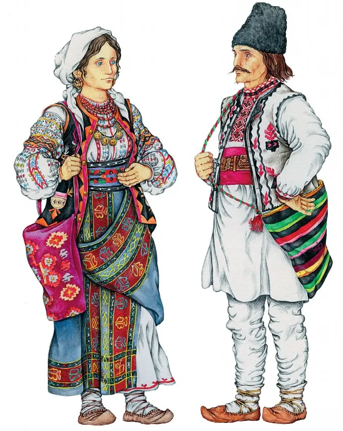 Молдавский пастух в исарских шароварах - женщина в гусеницах и с плечевым поясом в руках