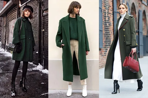 Смотрится с зеленым пальто и черными, белыми вещами