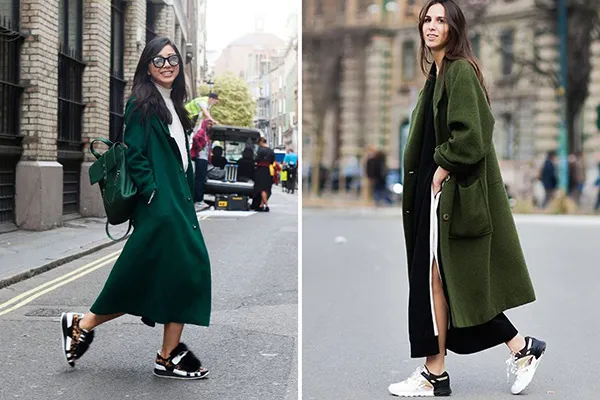 Зеленые пальто с кроссовками