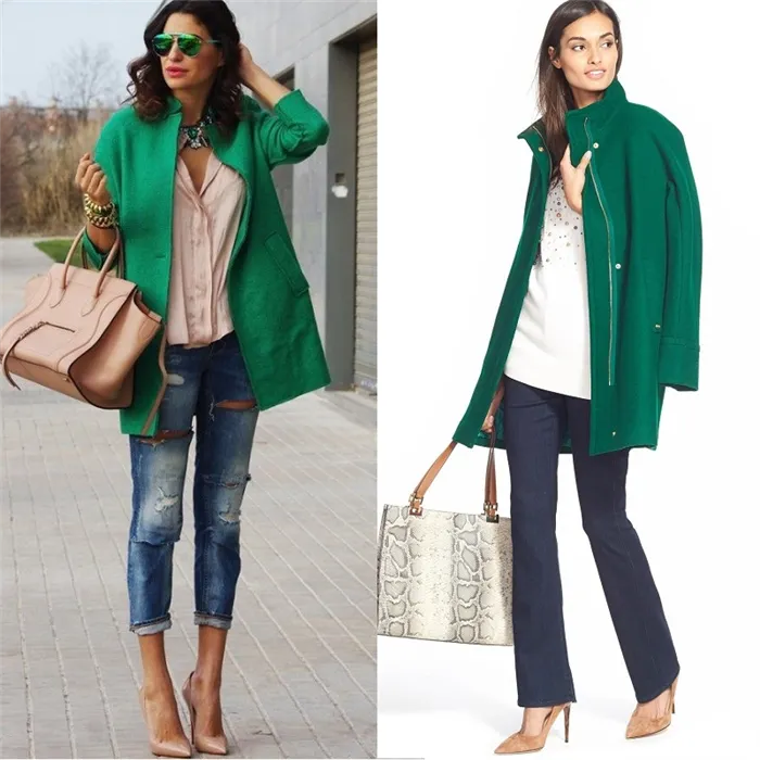 Зеленое пальто с джинсами и брюками