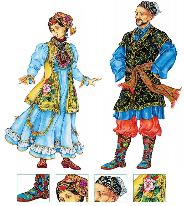 Девушка в синем колмеке, платье-карате и бархатном кафтане - Казань одно дерево мужчина в сапогах с узором.