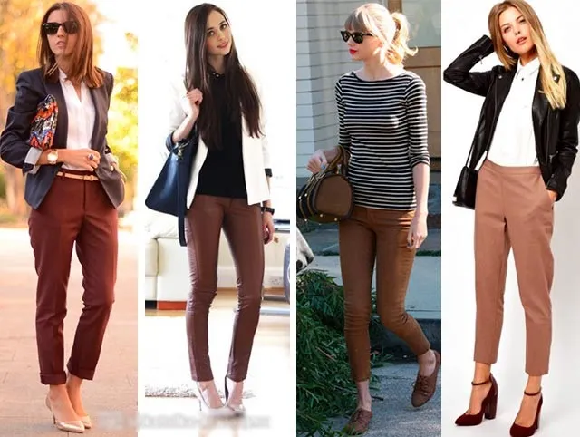 С чем носить коричневые брюки женщинам, мужчинам. Фото: вельвет, кожа, клетчатый, узорчатый, стрелки, широкий, классический.
