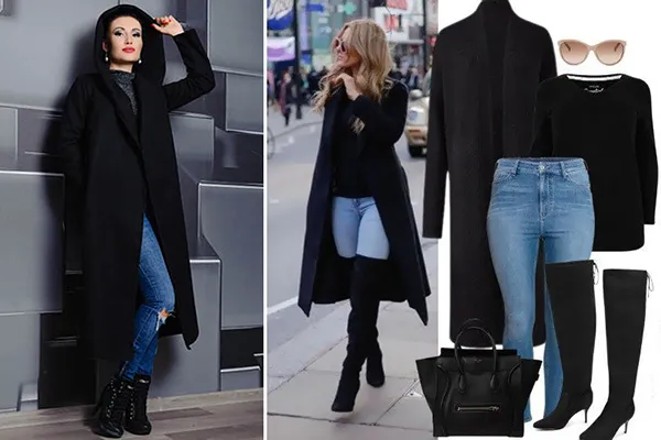 Черное пальто с джинсами