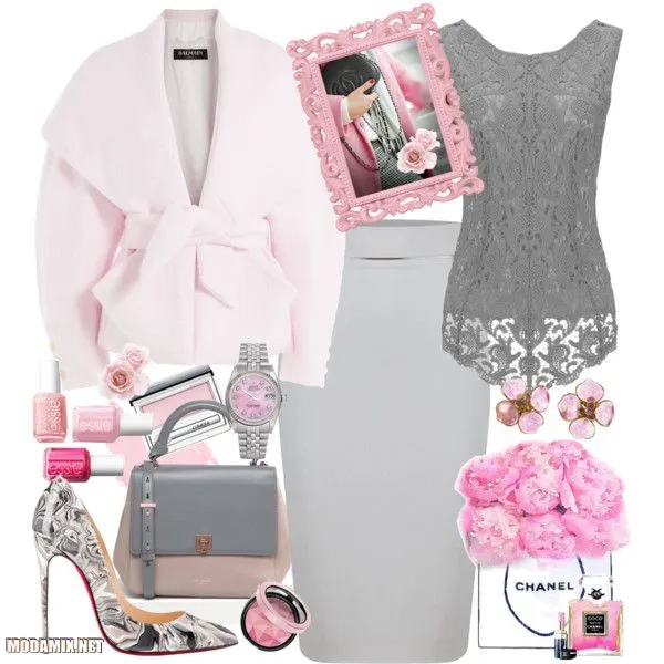 Что носить с серой юбкой-карандашом, фото вариантов с розовым пальто
