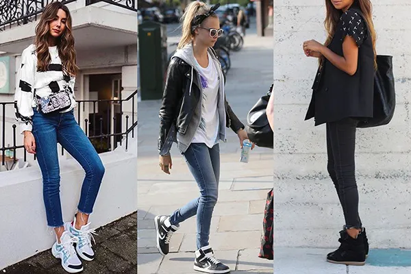 Женские кроссовки с высоким верхом в сочетании с джинсами скинни