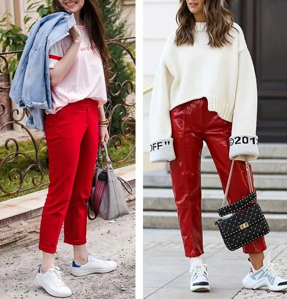 женские красные брюки с кроссовками