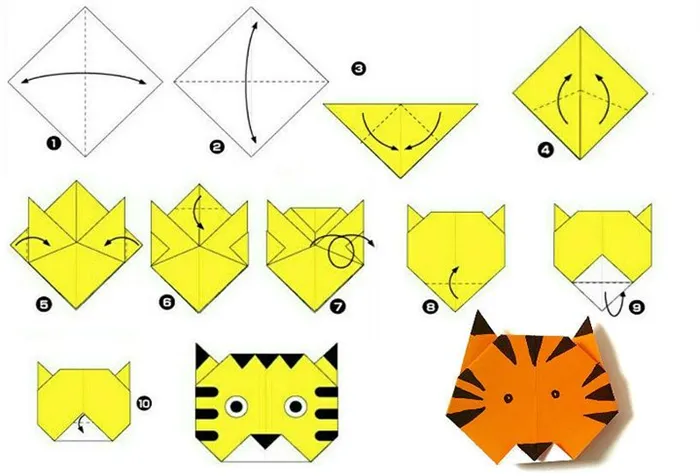 Освойте урок 11 для сборки простой модели Тигра оригами.