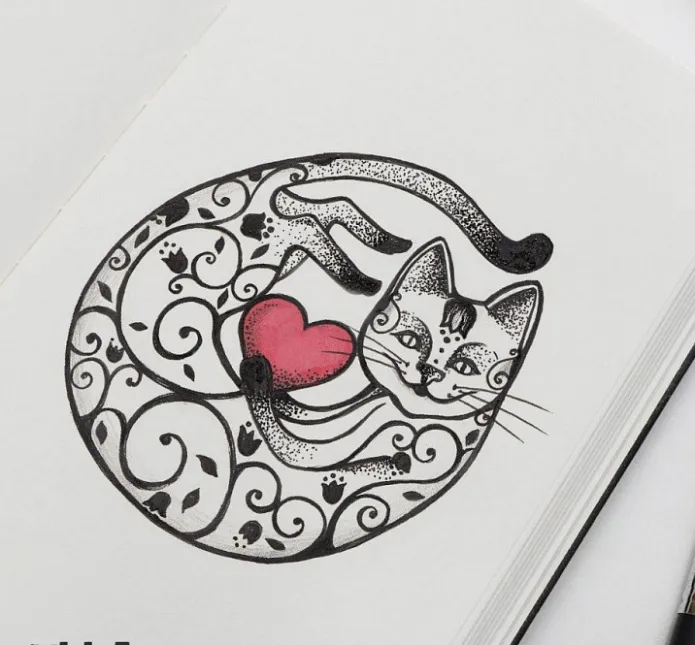 Эскиз татуировки, милый котенок-кошка