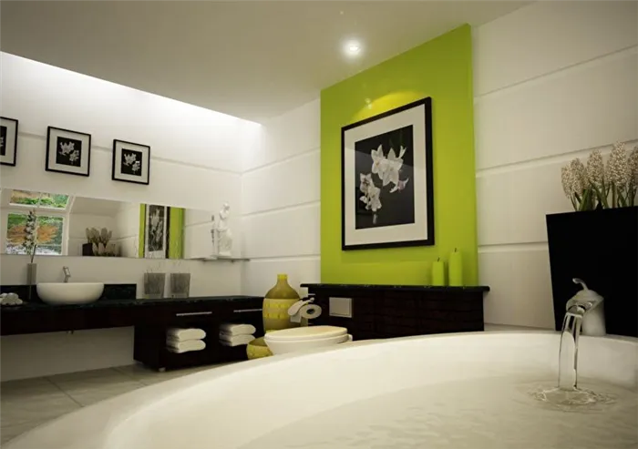 Сочетание цветов в интерьере ванной комнаты - белый с черным и зеленым