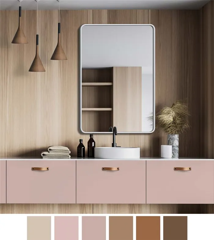 Ярко-розовые шкафы для ванной с деревянной облицовкой на стенах. Над умывальником зеркало в белой раме с закругленными углами Billet и GieraDesign.