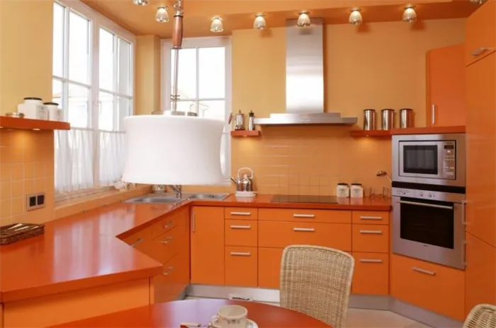 Оранжевый в гарнитуре кухни и отделке стен