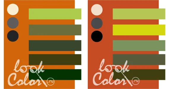 сочетание оранжево-коричневого и темно-оранжевого с теплым зеленым