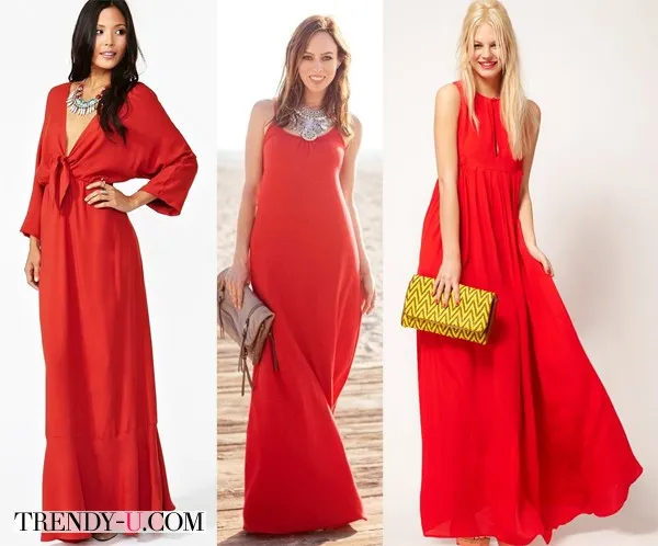 Летнее красное платье в пол и аксессуары