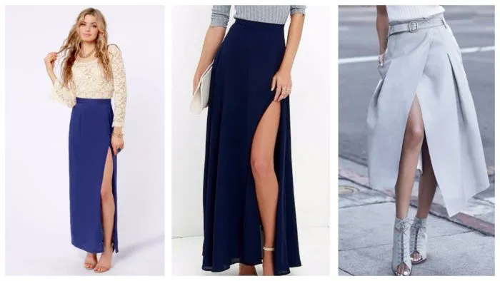 модные юбки с разрезом для вечеринки: синяя, темно-синяя, серая