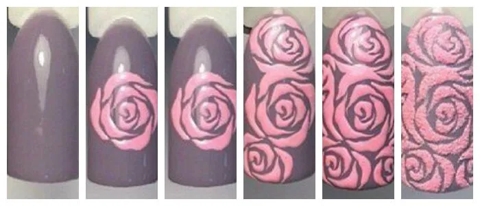 Пошаговое фото создания рисунка на ногтях с розами.