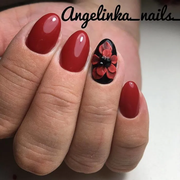 дизайн ногтей черный с красным и цветочком