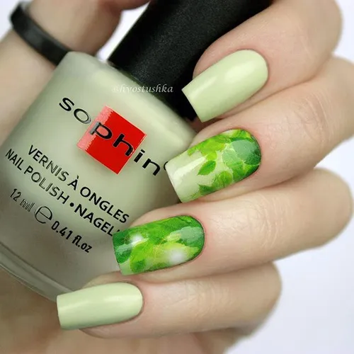 Light Green Nail Design with Leaves