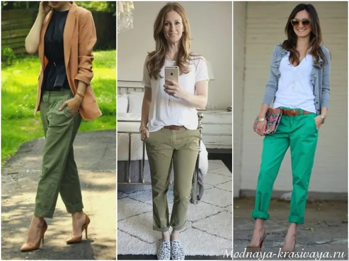 Стрит-луки с зелеными брюками