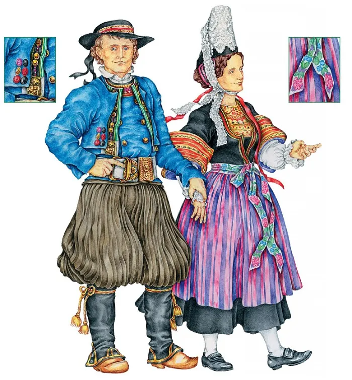 Мужчина-бретонец в штанах брагу-бра и женщина-бретонка в старинном головном уборе