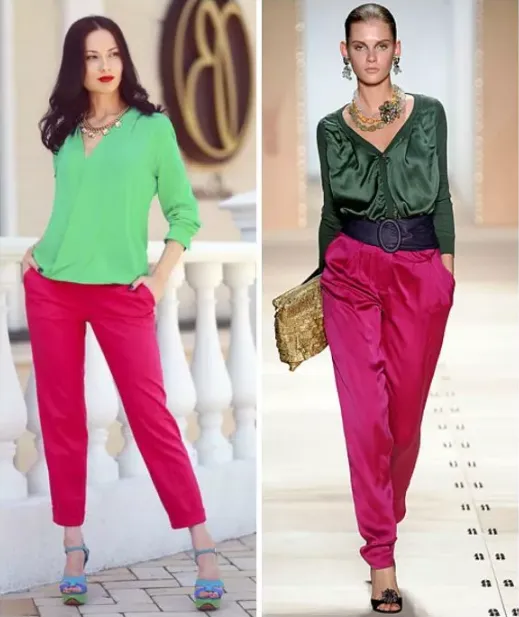 зеленые блузки и розовые брюки 2 девушки