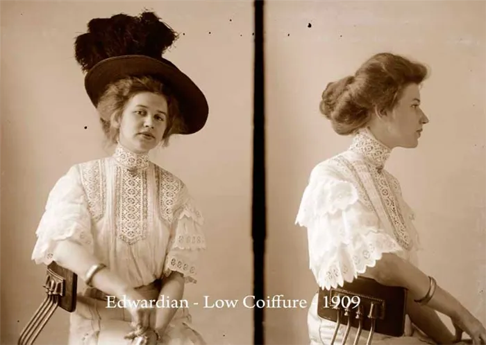 Девушка в ажурной блузе и шляпке с пером 1909 год