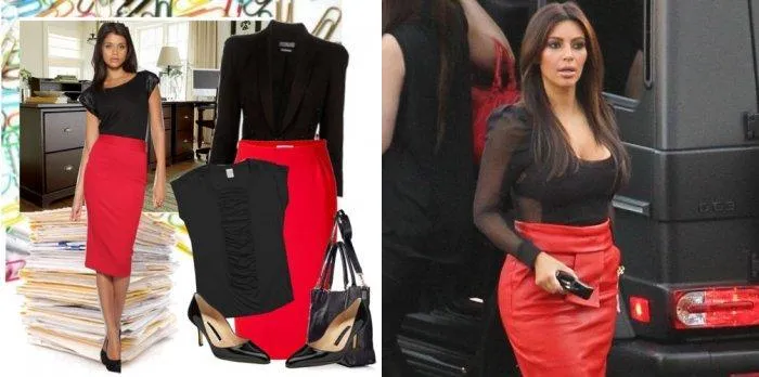 Красная юбка-карандаш в сочетании с черным верхом