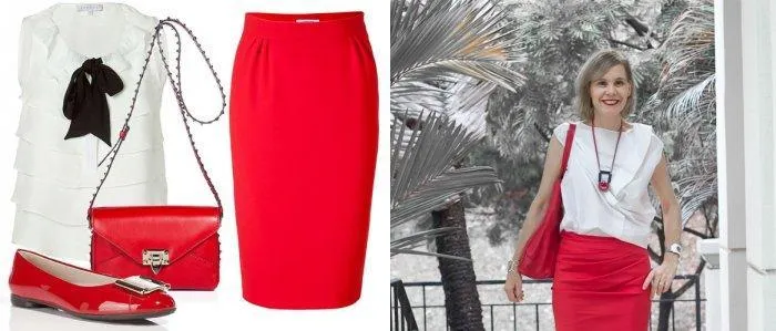 Красная юбка-карандаш с белой блузой