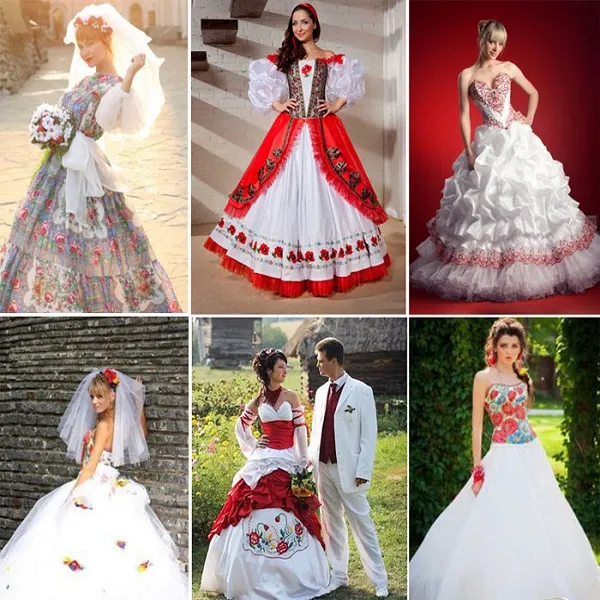 Фото свадебных платьев с красным орнаментом